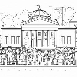 students lining up in front of assembly