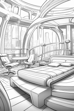 an expensive futuristic hotel room from the future with a bed and windows