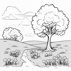 make me a drawing page of trees and a field with flowers