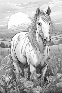 a horse eating grass in a field of hemp with the sunset behind it
