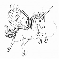 flying unicorn coloring page black and white line art white background simplicity ample white space
