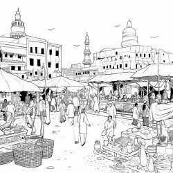 a bustling scene in jemaa elfnaa square with snake charmers and food stalls