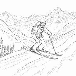 a skier racing down a snowy slope with a scenic mountain backdrop