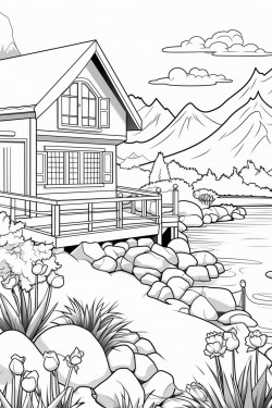 switzerland landscape with a quaint stone house surrounded by flowers wooden dock extending into a lake