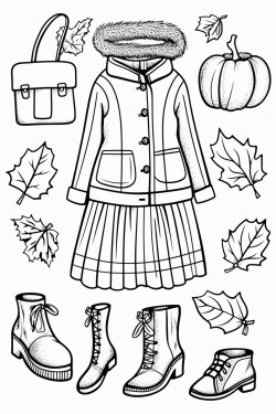a cute autumn wardrobe  coloring bookvector white background black and white black drawing