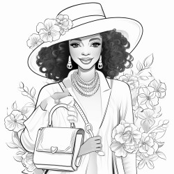 african american woman in fall clothes with pocketbook hat jewelry flowers and makeup
