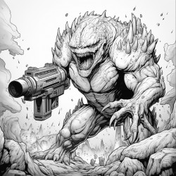 monster made of lava shooting a lava minigun