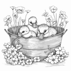 swimming baby ducks in a zinc tub filled with water in a romantic farmers garden