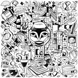 nefarious crime collage with illegal substances filling the background and geometrical designs coloring page