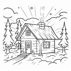 a rustic cabin in the woods with lightning illuminating the night sky