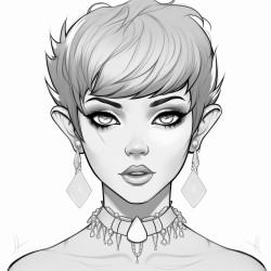 female eyes fully black short fluffy pixie cut pointed ears wearing a necklace with a gem at the bottom