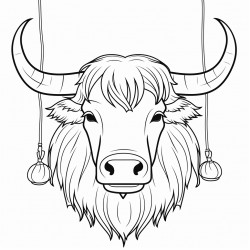 highland cow with a ghost face mask hanging on his horn