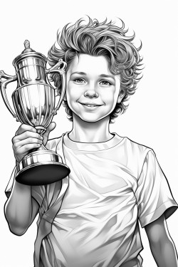 young boy skateboarder holding trophy aloft