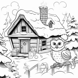 a cozy christmas cabin in the woods with snow on the roof smoke curling from the chimney owls with tiny scarves is perched on the rooftop in front of the cabin theres a wooden fence covered in snow and decorated with red ribbons