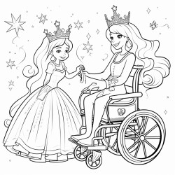 a cute princess in a wheelchair with her fairy godmother surrounded by magical sparkles