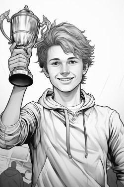 young boy skateboarder holding trophy aloft