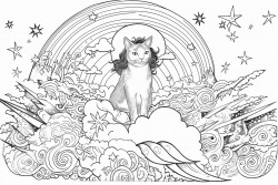a cat is surfing on a rainbow across the universe between planets and suns no black areas