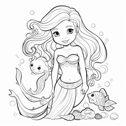 bolt and simpel black and wite coloring page of cute mermaid sarounded by sea creachers and seashells