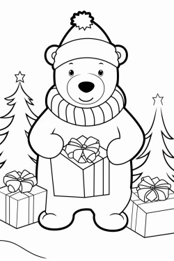 a cute polar bear wearing a santa hat sitting on snow holding a gift box the background is a snowy winter wonderland with snowcovered trees and a sunset fullbody view diagonal pose in a playful cartoon style