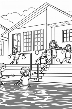 pool party scene with kids swimming