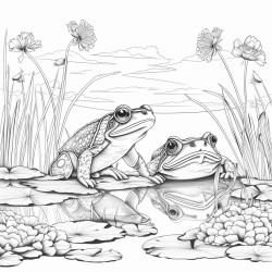 create a blackandwhite coloring page featuring cheerful frogs near a pond the frogs should have bold clear outlines with one sitting on a lily pad include details like rippling water reeds and dragonflies leaving ample space for easy coloring