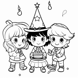 a little boy and a little girl are celebrating a birthday with a young witch