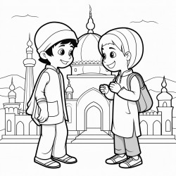 two muslim kids talking with each other front of masjid