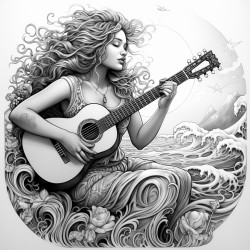 mermaid playing guitar on a moon