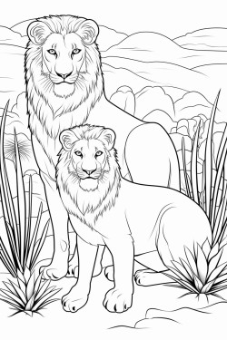bw coloring book page lions at the desert solid outer line solid white background