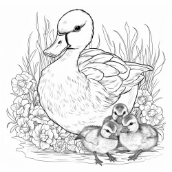 mother duck with baby ducks in a nest