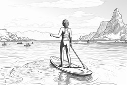 a woman paddle boarding in a wet suit on the sea on a sunny day