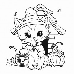 witchy cute cat in a cottage house