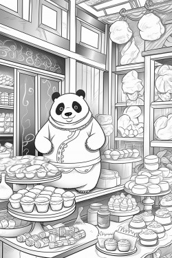 inside a bakery with a panda