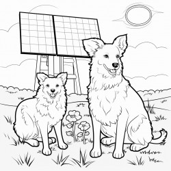 a border collie and a sheep under a solar panel in a field