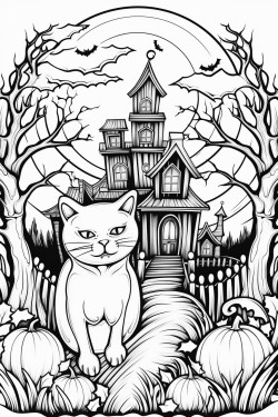 spooky haunted house with jackolanterns a cat and moon