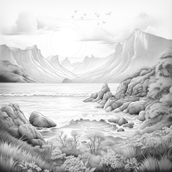 sunrise over ocean and mountains