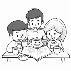 a family of pumpkins reading a newspaper while drinking coffee