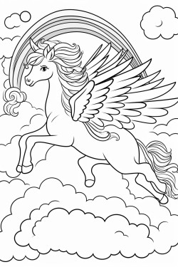 winged unicorns fly in the clouds behind there is a rainbow