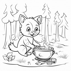 a cat cooking in the forest