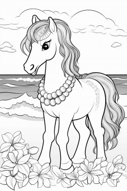 horse on beach with hawaiin leis