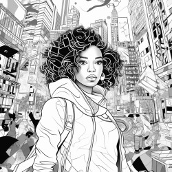 prompt african american woman in the city surrounded by chaos