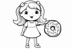 cute girl cartoon standing eating donuts coloring page style