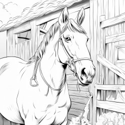 horse in a stable with hay in its mouth