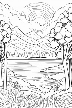 relaxing landscape coloring page black white and full color 2 version