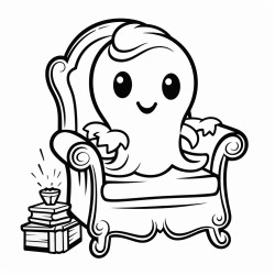 a cute ghost in a witchcrafting room sitting down on a armchair