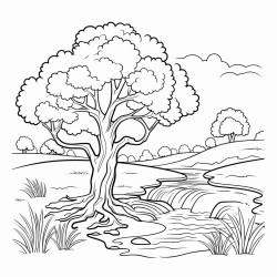 a tree next to a stream of water