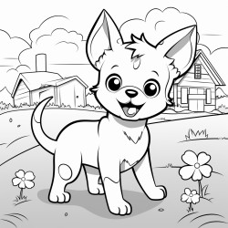 create a coloring book of a simple anime dog on a farm