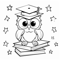 a wise owl with a graduation cap sitting on a stack of books under a starry sky