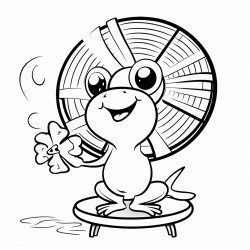 a cartoon frog fixing a fan