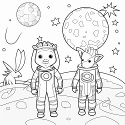 can you create a coloring picture of an astronaut giraffe and a kid they are seating in a rocket ready to take of to our sun